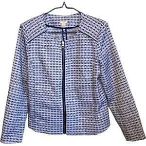 J.‎ Crew Blue & White Heart Print Short Blazer Zip Front Career Business Work